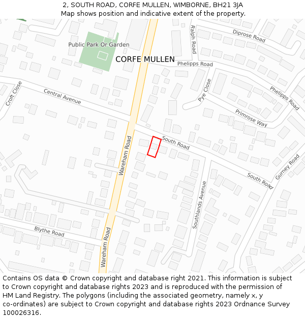 2, SOUTH ROAD, CORFE MULLEN, WIMBORNE, BH21 3JA: Location map and indicative extent of plot