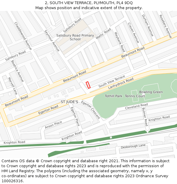 2, SOUTH VIEW TERRACE, PLYMOUTH, PL4 9DQ: Location map and indicative extent of plot