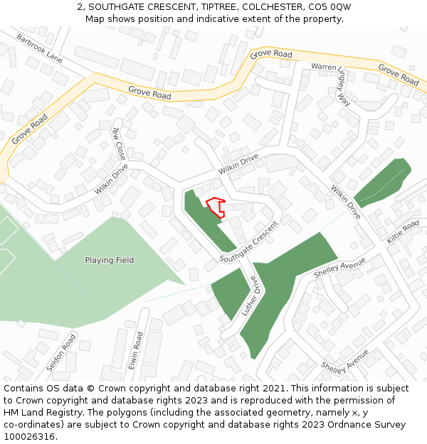 2, SOUTHGATE CRESCENT, TIPTREE, COLCHESTER, CO5 0QW: Location map and indicative extent of plot