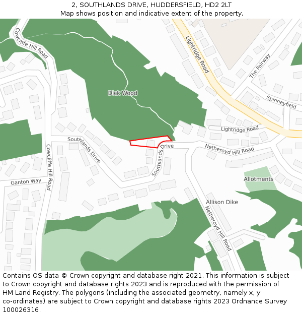 2, SOUTHLANDS DRIVE, HUDDERSFIELD, HD2 2LT: Location map and indicative extent of plot