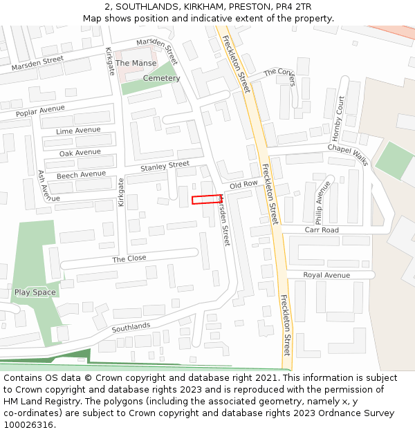 2, SOUTHLANDS, KIRKHAM, PRESTON, PR4 2TR: Location map and indicative extent of plot