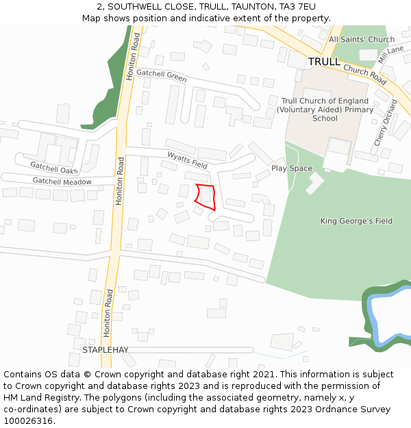 2, SOUTHWELL CLOSE, TRULL, TAUNTON, TA3 7EU: Location map and indicative extent of plot