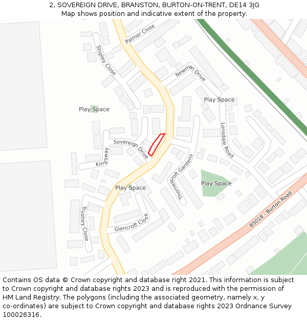 2, SOVEREIGN DRIVE, BRANSTON, BURTON-ON-TRENT, DE14 3JG: Location map and indicative extent of plot
