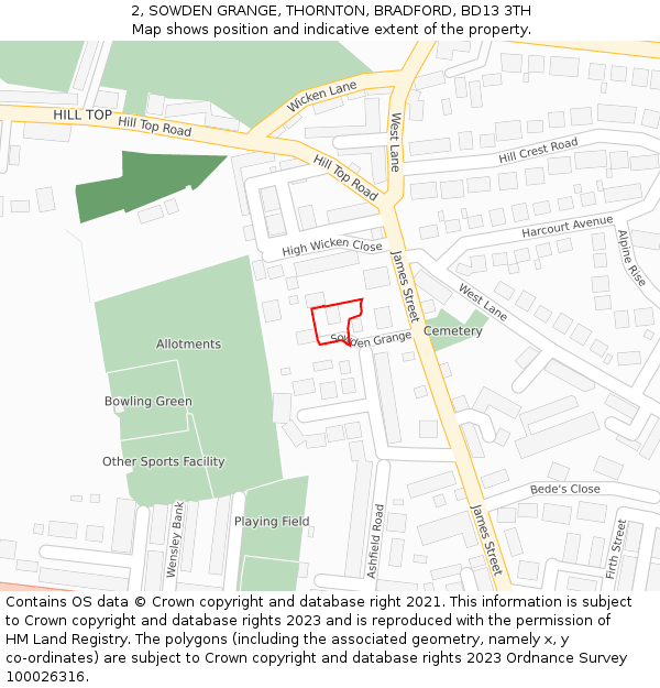 2, SOWDEN GRANGE, THORNTON, BRADFORD, BD13 3TH: Location map and indicative extent of plot