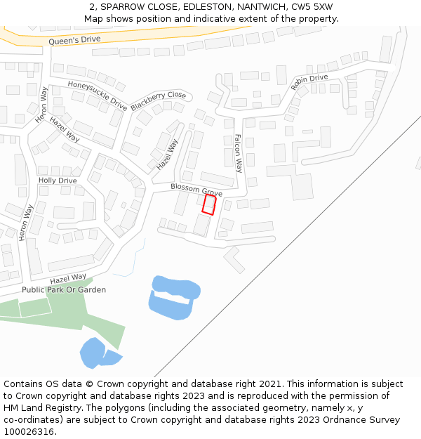 2, SPARROW CLOSE, EDLESTON, NANTWICH, CW5 5XW: Location map and indicative extent of plot