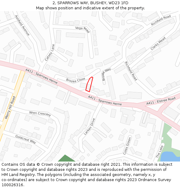 2, SPARROWS WAY, BUSHEY, WD23 1FD: Location map and indicative extent of plot