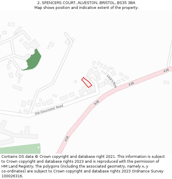 2, SPENCERS COURT, ALVESTON, BRISTOL, BS35 3BA: Location map and indicative extent of plot