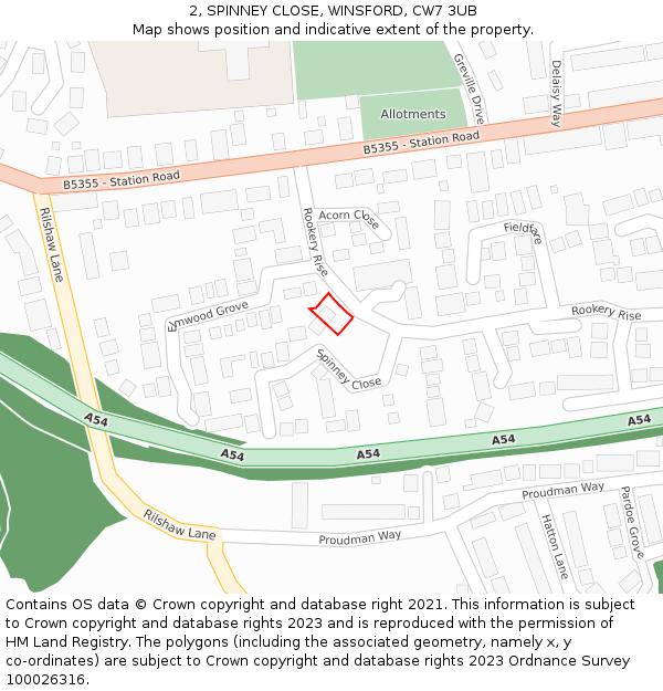 2, SPINNEY CLOSE, WINSFORD, CW7 3UB: Location map and indicative extent of plot