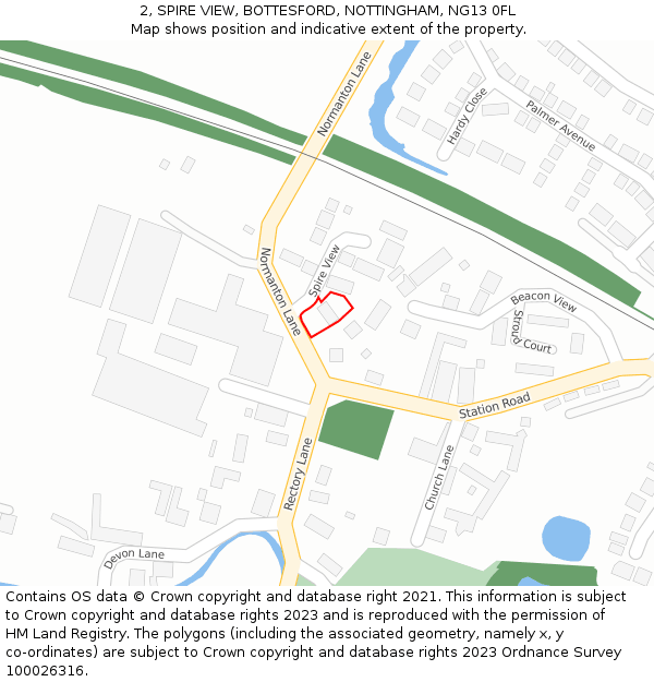2, SPIRE VIEW, BOTTESFORD, NOTTINGHAM, NG13 0FL: Location map and indicative extent of plot