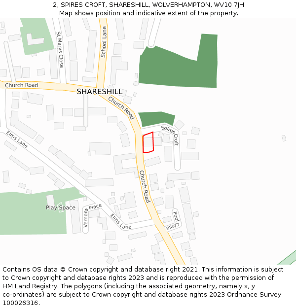 2, SPIRES CROFT, SHARESHILL, WOLVERHAMPTON, WV10 7JH: Location map and indicative extent of plot