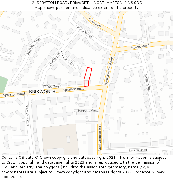 2, SPRATTON ROAD, BRIXWORTH, NORTHAMPTON, NN6 9DS: Location map and indicative extent of plot