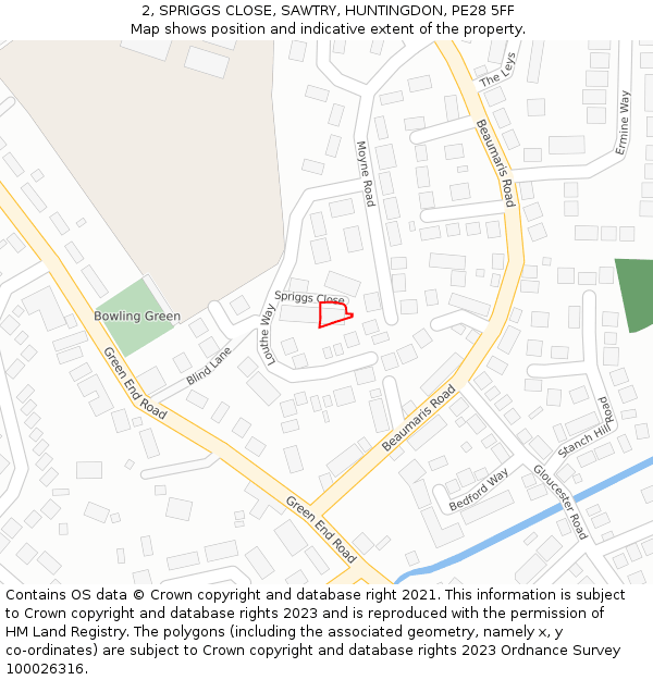 2, SPRIGGS CLOSE, SAWTRY, HUNTINGDON, PE28 5FF: Location map and indicative extent of plot