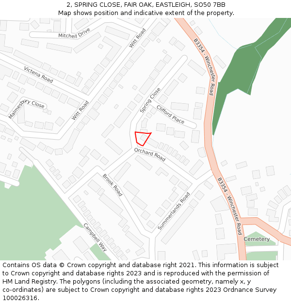 2, SPRING CLOSE, FAIR OAK, EASTLEIGH, SO50 7BB: Location map and indicative extent of plot