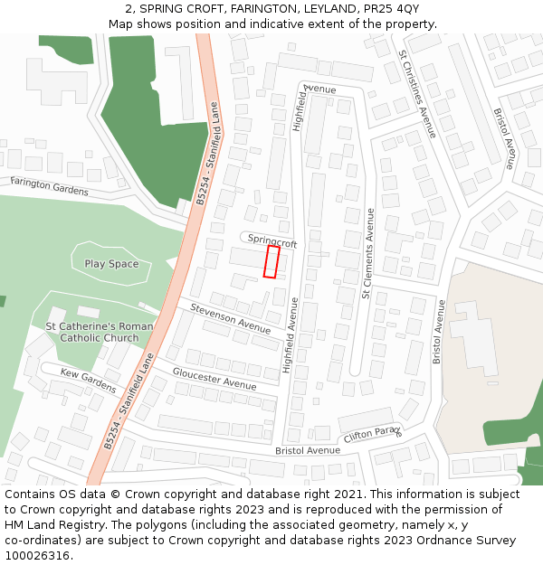 2, SPRING CROFT, FARINGTON, LEYLAND, PR25 4QY: Location map and indicative extent of plot