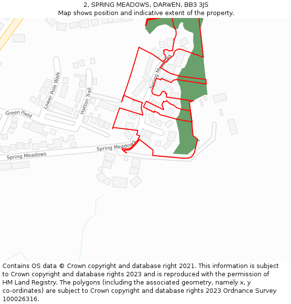 2, SPRING MEADOWS, DARWEN, BB3 3JS: Location map and indicative extent of plot