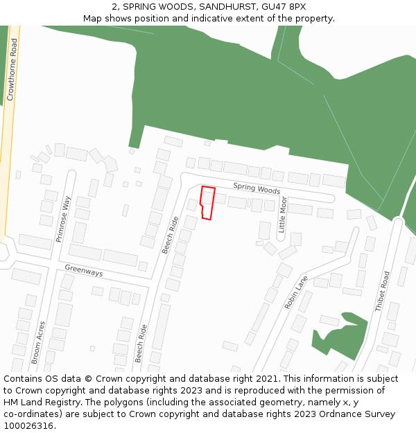 2, SPRING WOODS, SANDHURST, GU47 8PX: Location map and indicative extent of plot