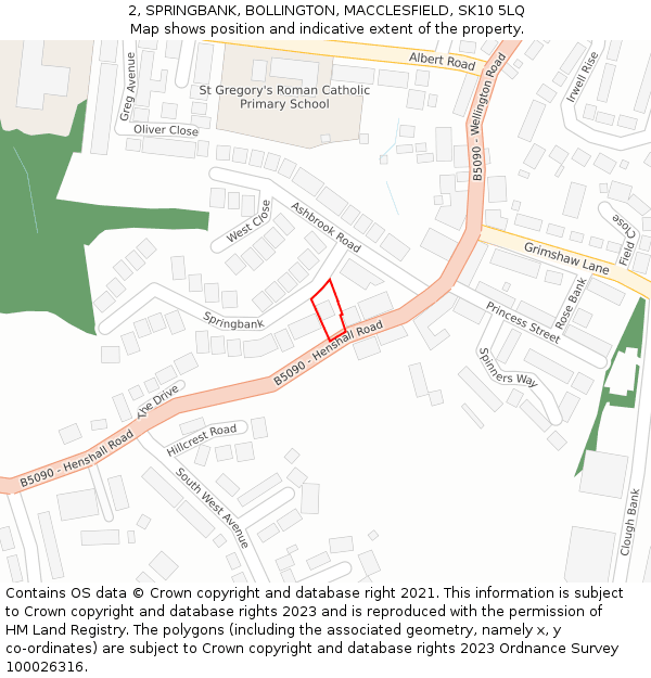 2, SPRINGBANK, BOLLINGTON, MACCLESFIELD, SK10 5LQ: Location map and indicative extent of plot