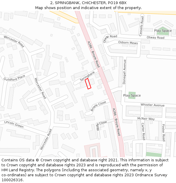 2, SPRINGBANK, CHICHESTER, PO19 6BX: Location map and indicative extent of plot