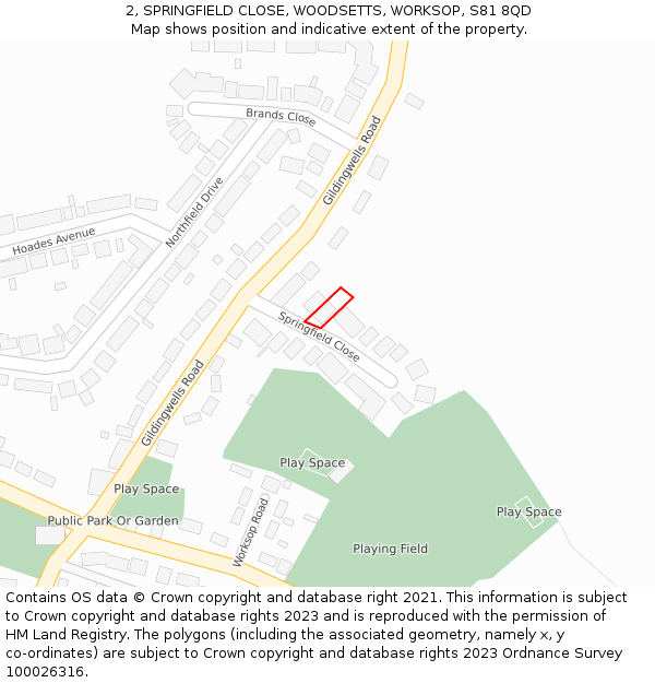 2, SPRINGFIELD CLOSE, WOODSETTS, WORKSOP, S81 8QD: Location map and indicative extent of plot