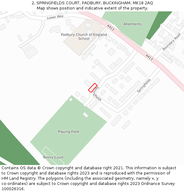 2, SPRINGFIELDS COURT, PADBURY, BUCKINGHAM, MK18 2AQ: Location map and indicative extent of plot