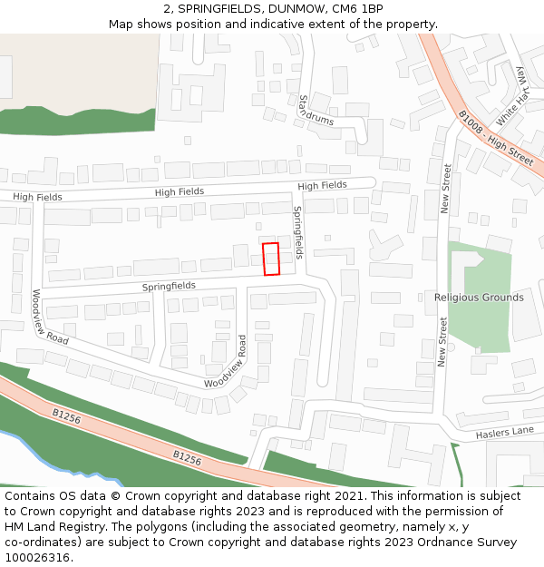 2, SPRINGFIELDS, DUNMOW, CM6 1BP: Location map and indicative extent of plot