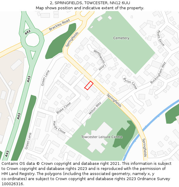 2, SPRINGFIELDS, TOWCESTER, NN12 6UU: Location map and indicative extent of plot
