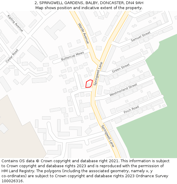 2, SPRINGWELL GARDENS, BALBY, DONCASTER, DN4 9AH: Location map and indicative extent of plot