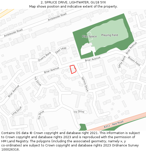 2, SPRUCE DRIVE, LIGHTWATER, GU18 5YX: Location map and indicative extent of plot