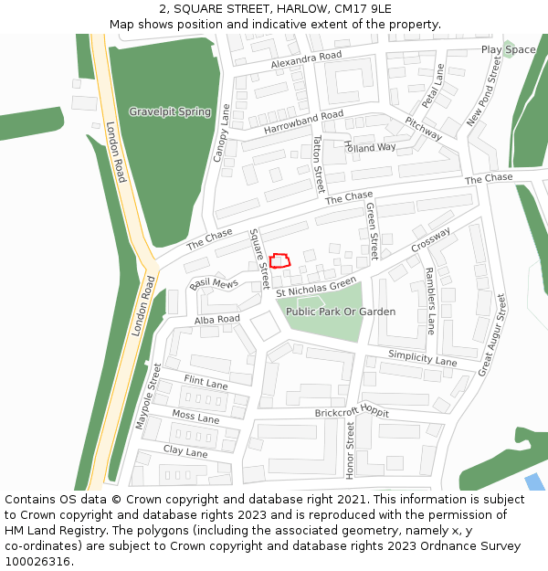 2, SQUARE STREET, HARLOW, CM17 9LE: Location map and indicative extent of plot