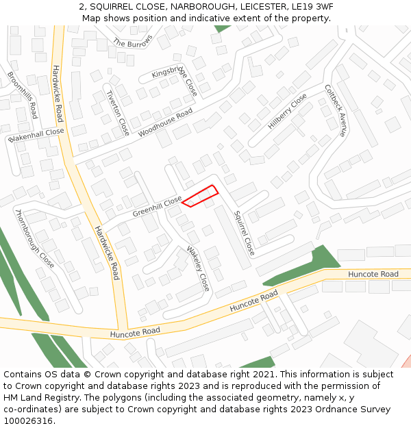 2, SQUIRREL CLOSE, NARBOROUGH, LEICESTER, LE19 3WF: Location map and indicative extent of plot