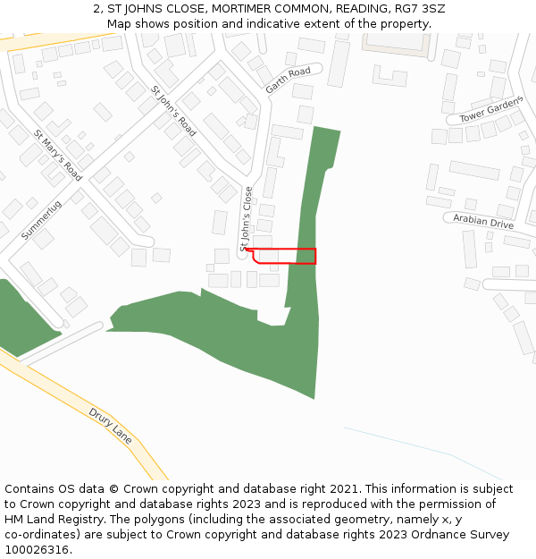 2, ST JOHNS CLOSE, MORTIMER COMMON, READING, RG7 3SZ: Location map and indicative extent of plot