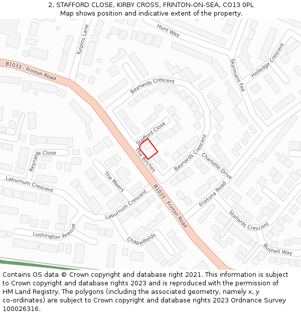 2, STAFFORD CLOSE, KIRBY CROSS, FRINTON-ON-SEA, CO13 0PL: Location map and indicative extent of plot