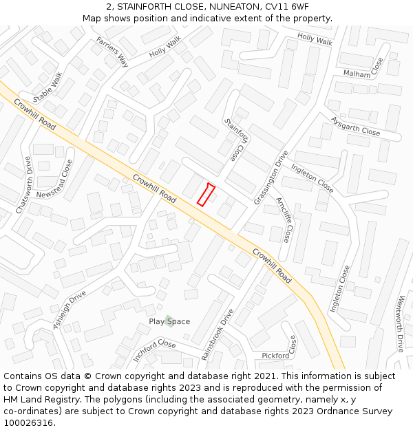 2, STAINFORTH CLOSE, NUNEATON, CV11 6WF: Location map and indicative extent of plot
