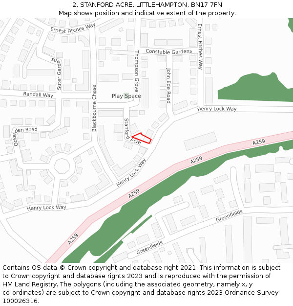 2, STANFORD ACRE, LITTLEHAMPTON, BN17 7FN: Location map and indicative extent of plot