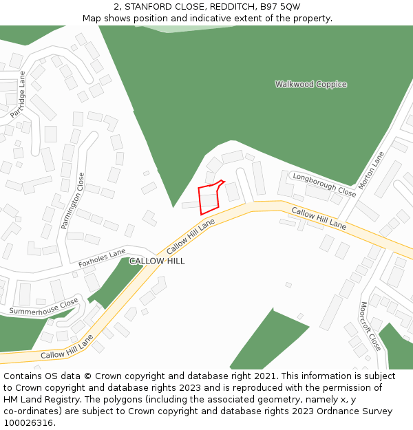 2, STANFORD CLOSE, REDDITCH, B97 5QW: Location map and indicative extent of plot