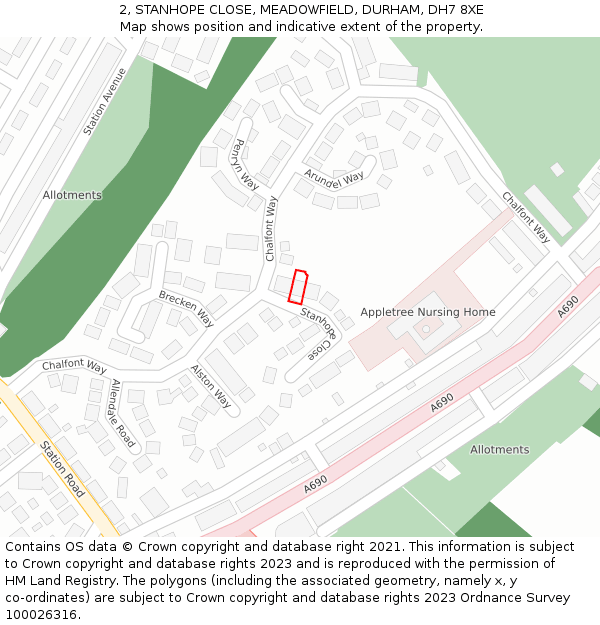 2, STANHOPE CLOSE, MEADOWFIELD, DURHAM, DH7 8XE: Location map and indicative extent of plot