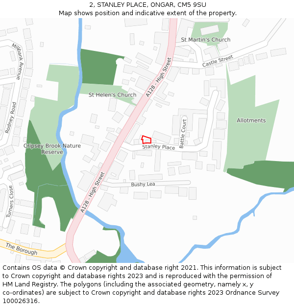2, STANLEY PLACE, ONGAR, CM5 9SU: Location map and indicative extent of plot