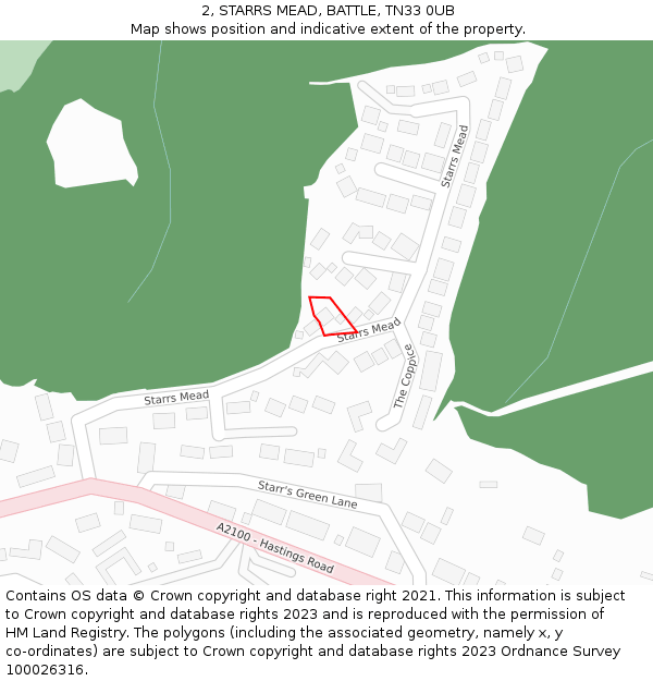 2, STARRS MEAD, BATTLE, TN33 0UB: Location map and indicative extent of plot