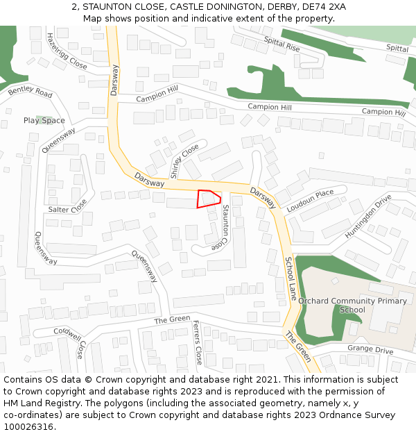 2, STAUNTON CLOSE, CASTLE DONINGTON, DERBY, DE74 2XA: Location map and indicative extent of plot
