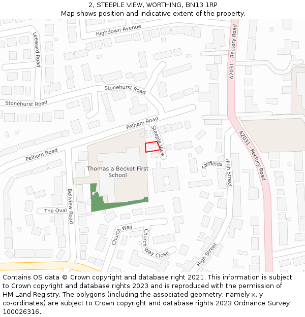 2, STEEPLE VIEW, WORTHING, BN13 1RP: Location map and indicative extent of plot