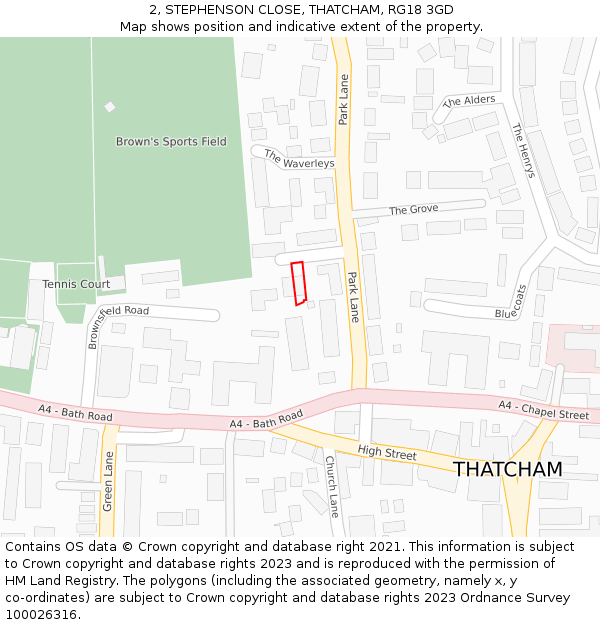 2, STEPHENSON CLOSE, THATCHAM, RG18 3GD: Location map and indicative extent of plot