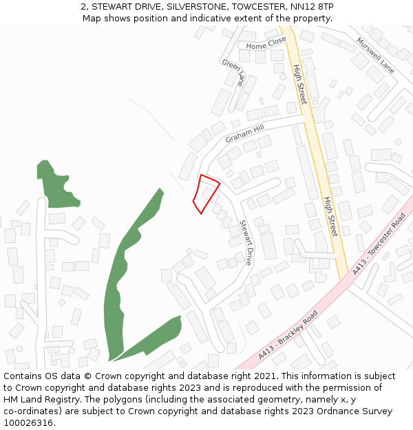 2, STEWART DRIVE, SILVERSTONE, TOWCESTER, NN12 8TP: Location map and indicative extent of plot