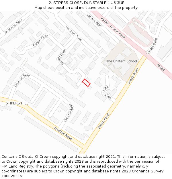 2, STIPERS CLOSE, DUNSTABLE, LU6 3UF: Location map and indicative extent of plot