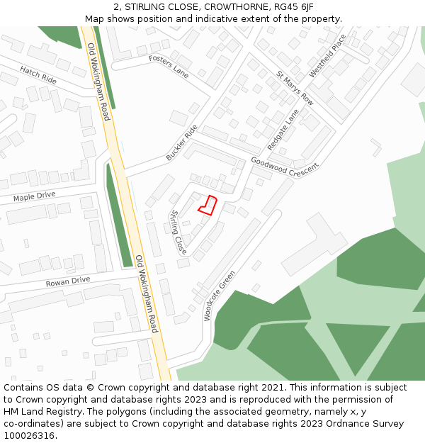 2, STIRLING CLOSE, CROWTHORNE, RG45 6JF: Location map and indicative extent of plot