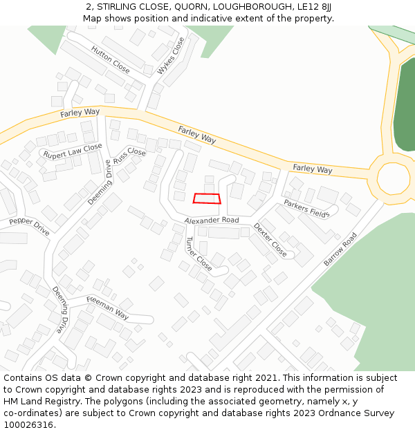 2, STIRLING CLOSE, QUORN, LOUGHBOROUGH, LE12 8JJ: Location map and indicative extent of plot