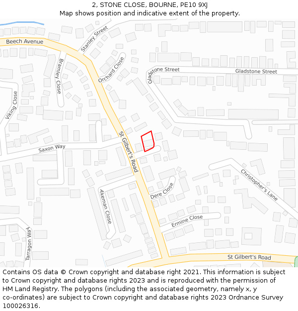 2, STONE CLOSE, BOURNE, PE10 9XJ: Location map and indicative extent of plot