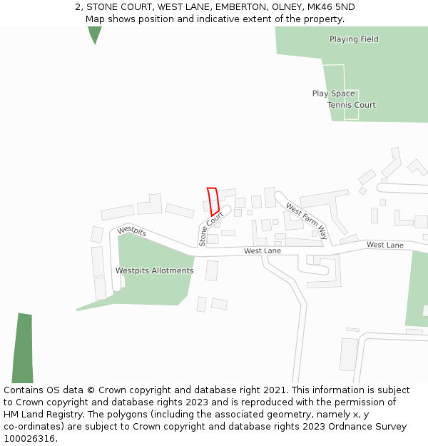 2, STONE COURT, WEST LANE, EMBERTON, OLNEY, MK46 5ND: Location map and indicative extent of plot