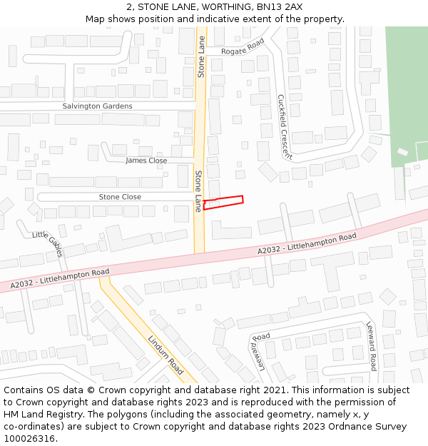 2, STONE LANE, WORTHING, BN13 2AX: Location map and indicative extent of plot