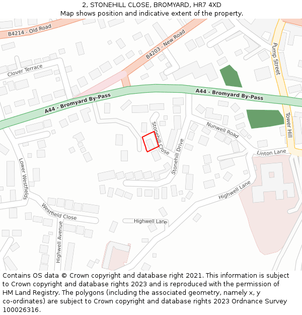 2, STONEHILL CLOSE, BROMYARD, HR7 4XD: Location map and indicative extent of plot