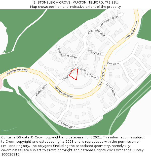 2, STONELEIGH GROVE, MUXTON, TELFORD, TF2 8SU: Location map and indicative extent of plot